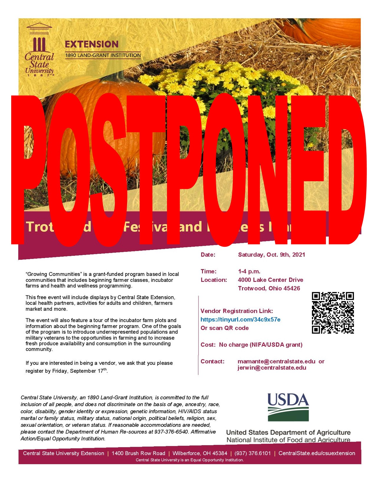 Central State Extension Fall Festival Postponed - Trotwood, Ohio