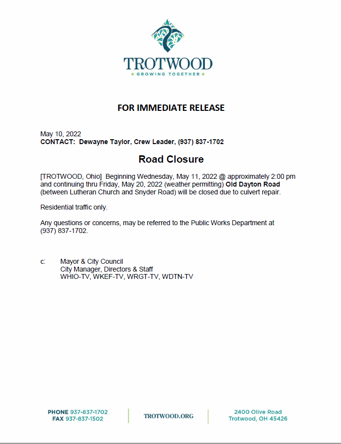 Old Dayton Road Closure