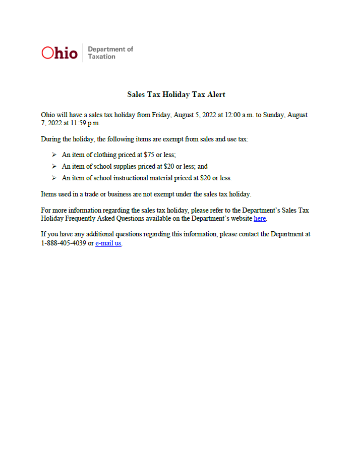 Ohio Sales Tax Holiday
